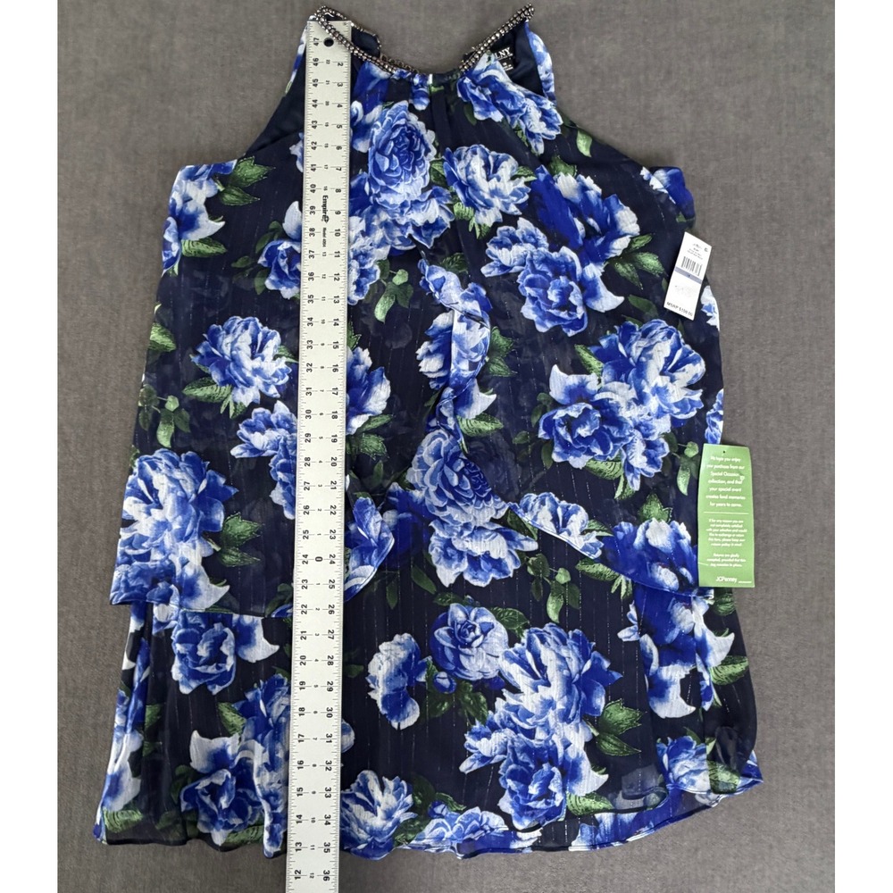 SLNY Blue Floral Tiered Halter Dress Metallic Stripe Size 18 Resortwear Vacation - Picture 10 of 11